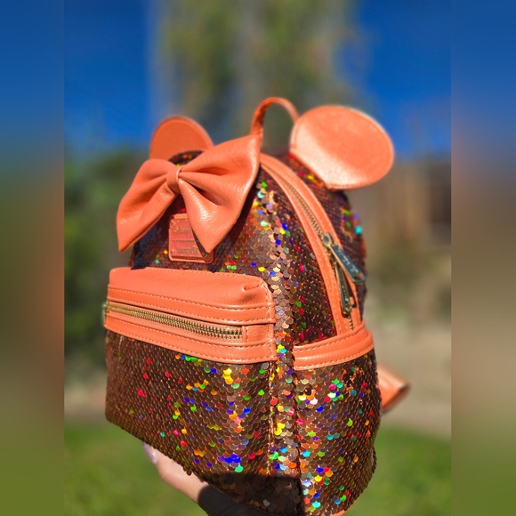 Loungefly Orange and Brown Sequin Mouse Ears Backpack - Picture 5 of 7